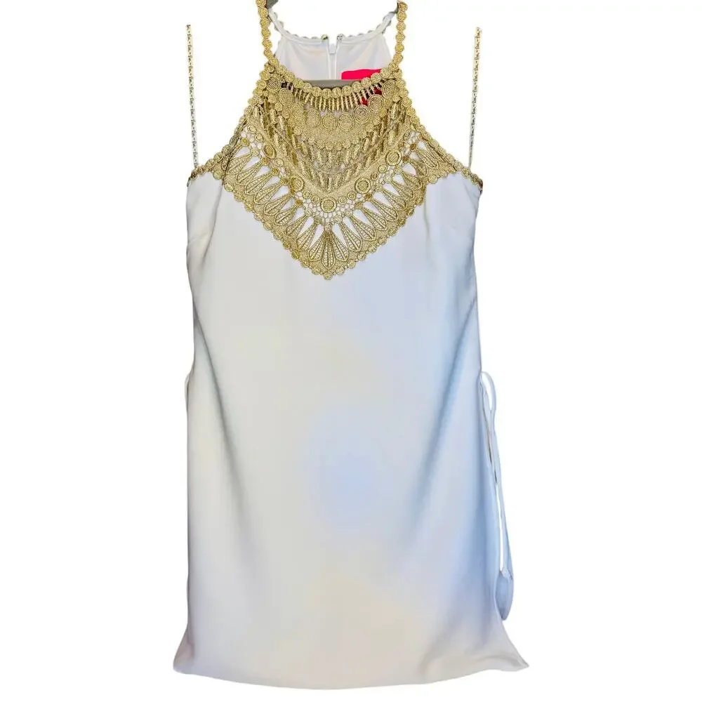 LILLY PULITZER Sz 2 Pearl White Gold Romper Side Ties Resort Wear Brunch | EUC